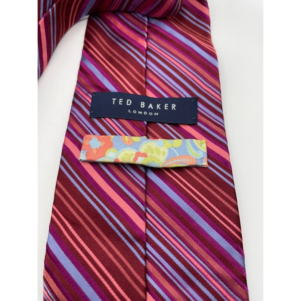 Ted Baker London Mens Silk Necktie Burgundy Pink Purple Striped Hand Tailored